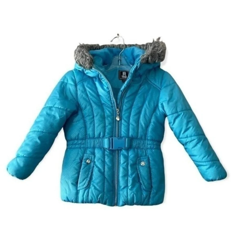 Rothschild Girls Blue Silver Dot Hooded Puffer Jacket Size 5-6 Zip Front Coat - Picture 2 of 7